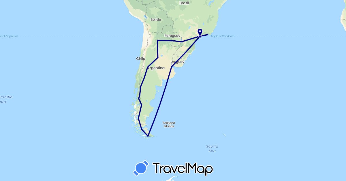 TravelMap itinerary: driving in Argentina, Brazil, Chile, Paraguay (South America)