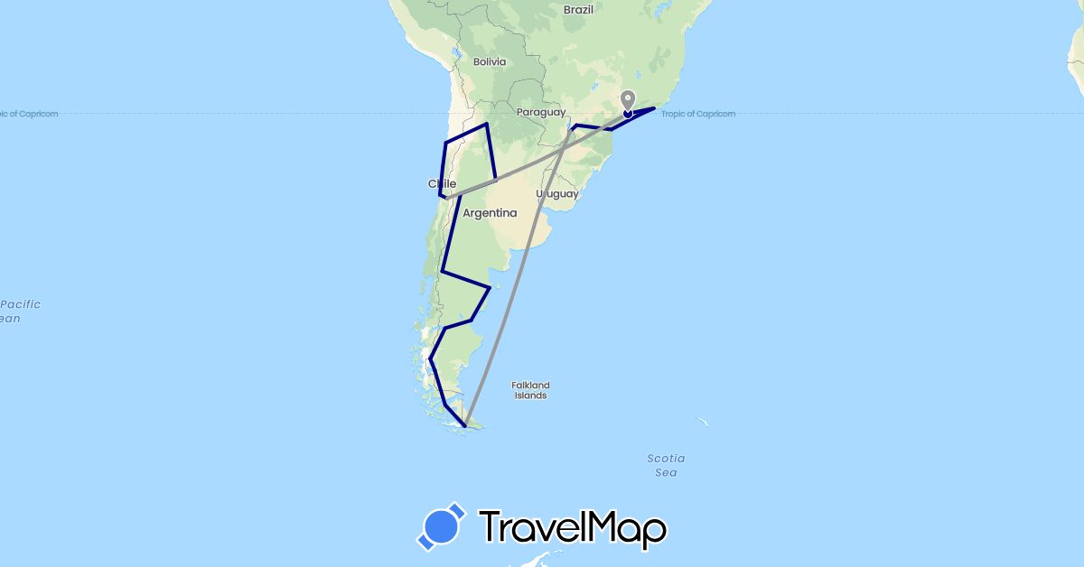TravelMap itinerary: driving, plane in Argentina, Brazil, Chile (South America)