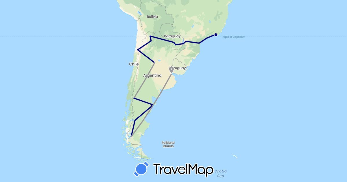 TravelMap itinerary: driving, plane in Argentina, Brazil, Chile, Paraguay (South America)